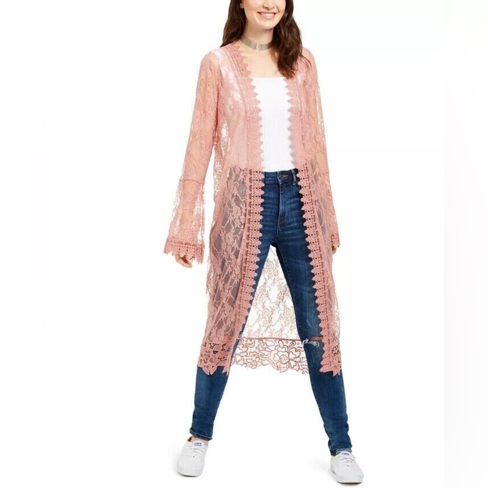 Polly & Esther Lace Duster Cardigan Boho Y2K Bell Sleeve Rose Pink Size L
